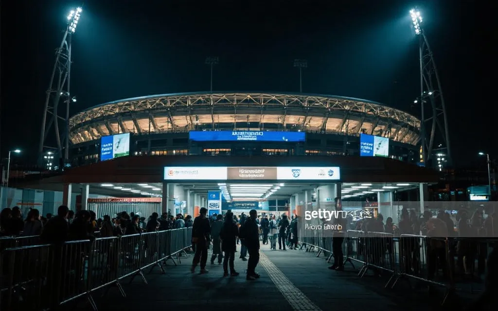比赛日球场外的球迷人潮与城市公共交通衔接，夜景氛围